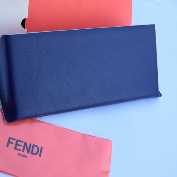 Fendi Sunglasses Case, Large Blue Leather Triangle Hard Case, Coral Cloth, Wide - Picture 4 of 11